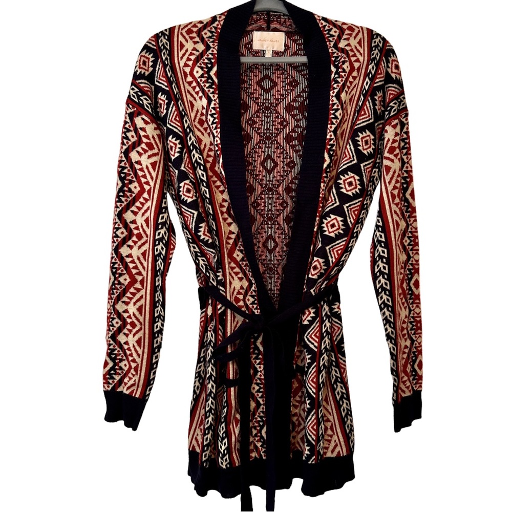 Under Skies Aztec Tribal Dark Red Navy Blue Belted Open Cardigan Size L Boho